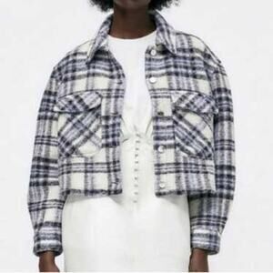 ZARA Cropped Wool Plaid Shacket Jacket Button Down Pockets M Navy Blue White